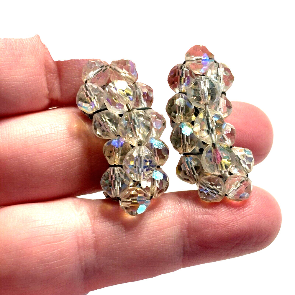 Vintage Mid Century Clear Crystal Clip On Earrings Silvertone Crescents Glam - Picture 5 of 8